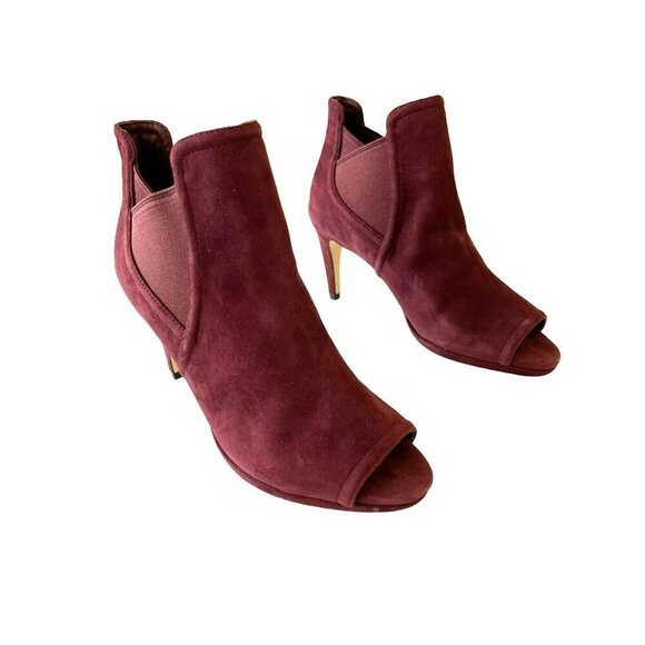 Cole Haan Size 7B Burgundy Suede Peep Toe Ankle Heel Booties - Picture 1 of 8